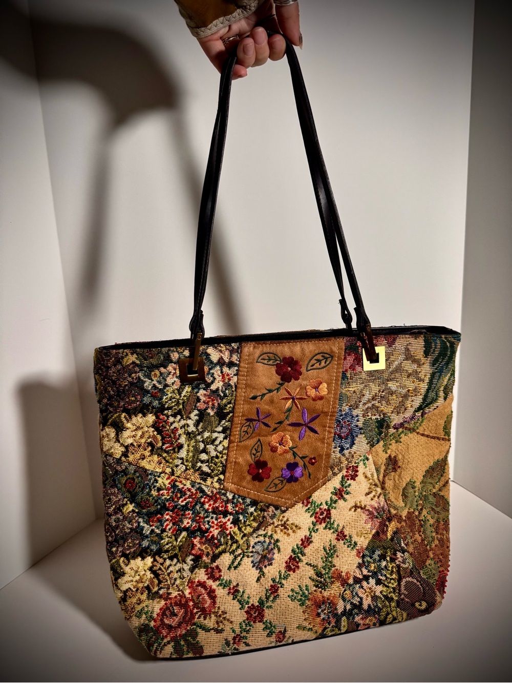 Vintage Patchwork Leather Embroidered Beaded Tote Bag Floral Bueno